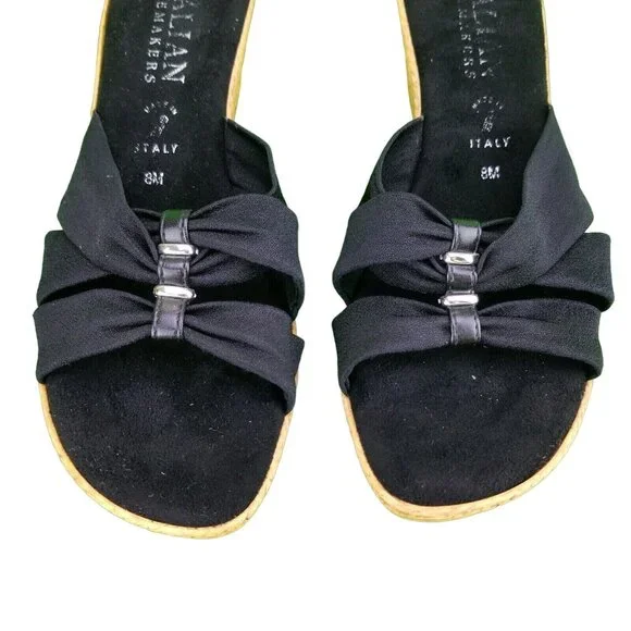 ✅Womens 8M Italian Shoemakers Sandals Wedge Heel Slip On Black Made in Italy - Picture 10 of 16